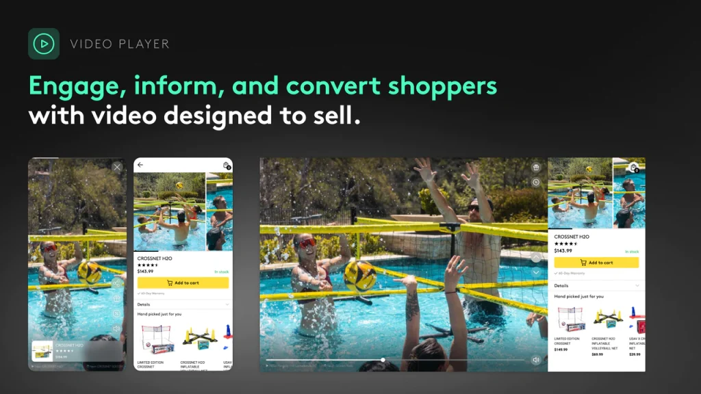 Videowise shoppable video player showing a pool game video with products to add to cart
