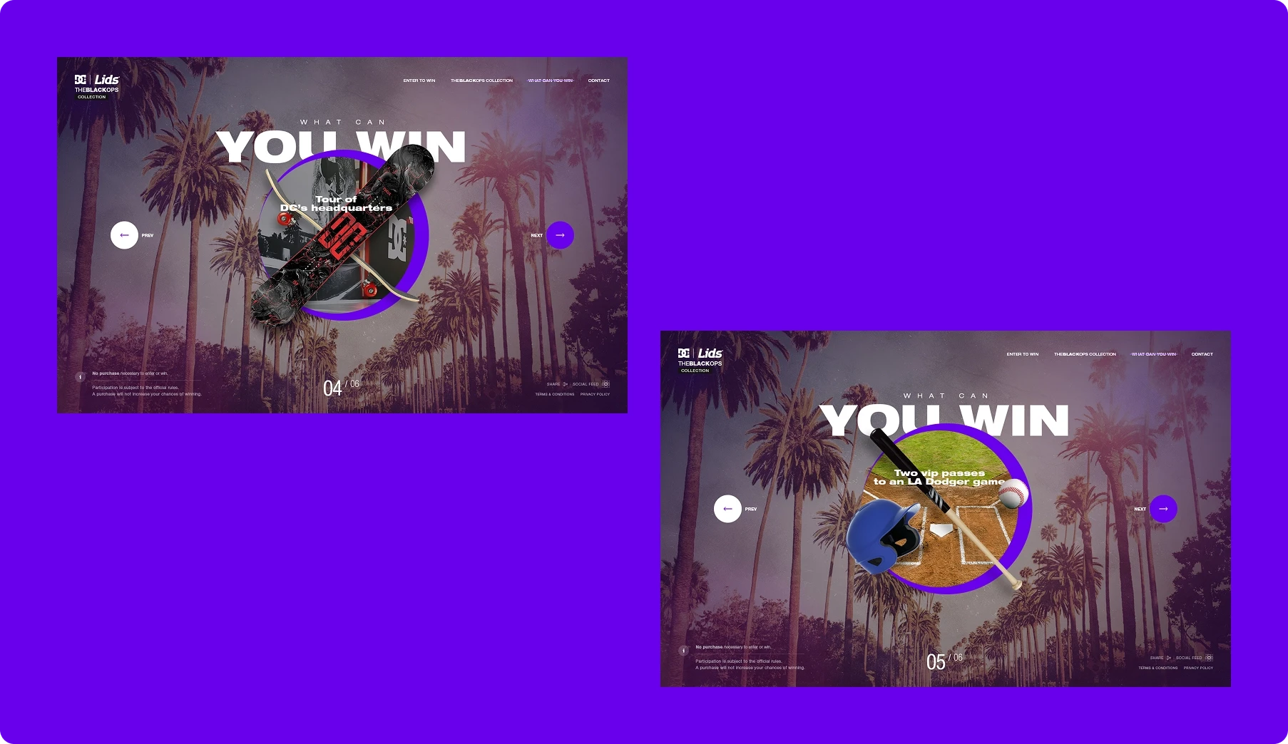 Two “YOU WIN” game screens with palm-tree backgrounds and circular progress meters float on a vivid purple background, conveying victory.