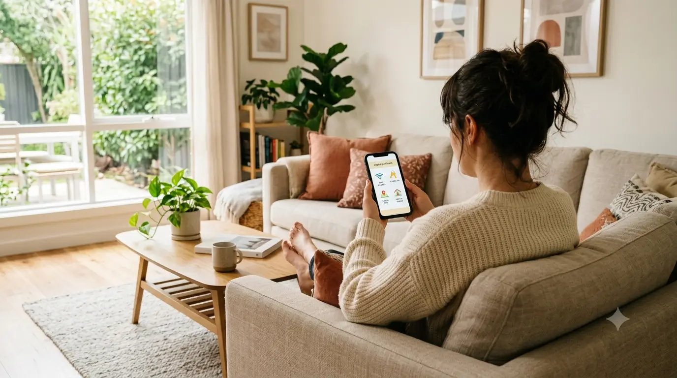 Vacation rental guest using a digital guidebook on a phone in a bright living room