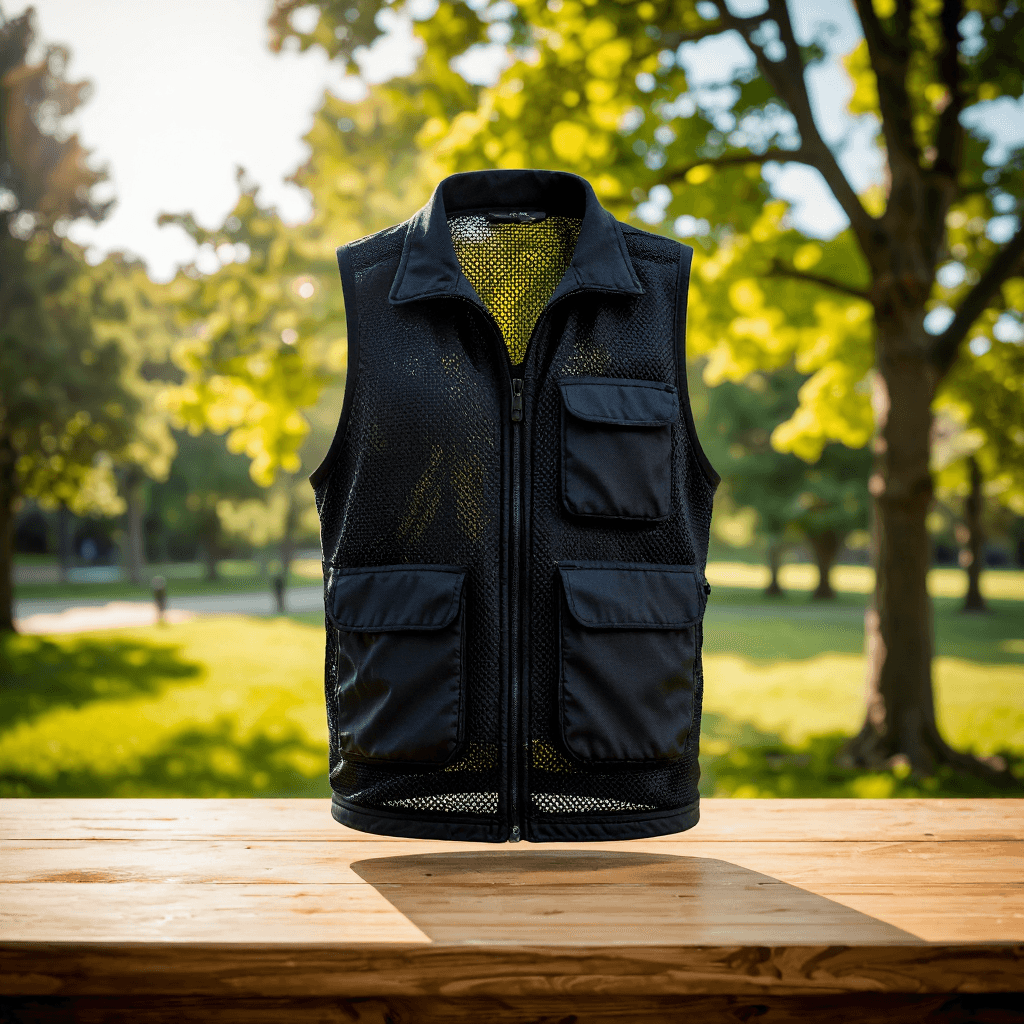 product photography of a black mesh vest with pockets, designed for layering or outdoor activities