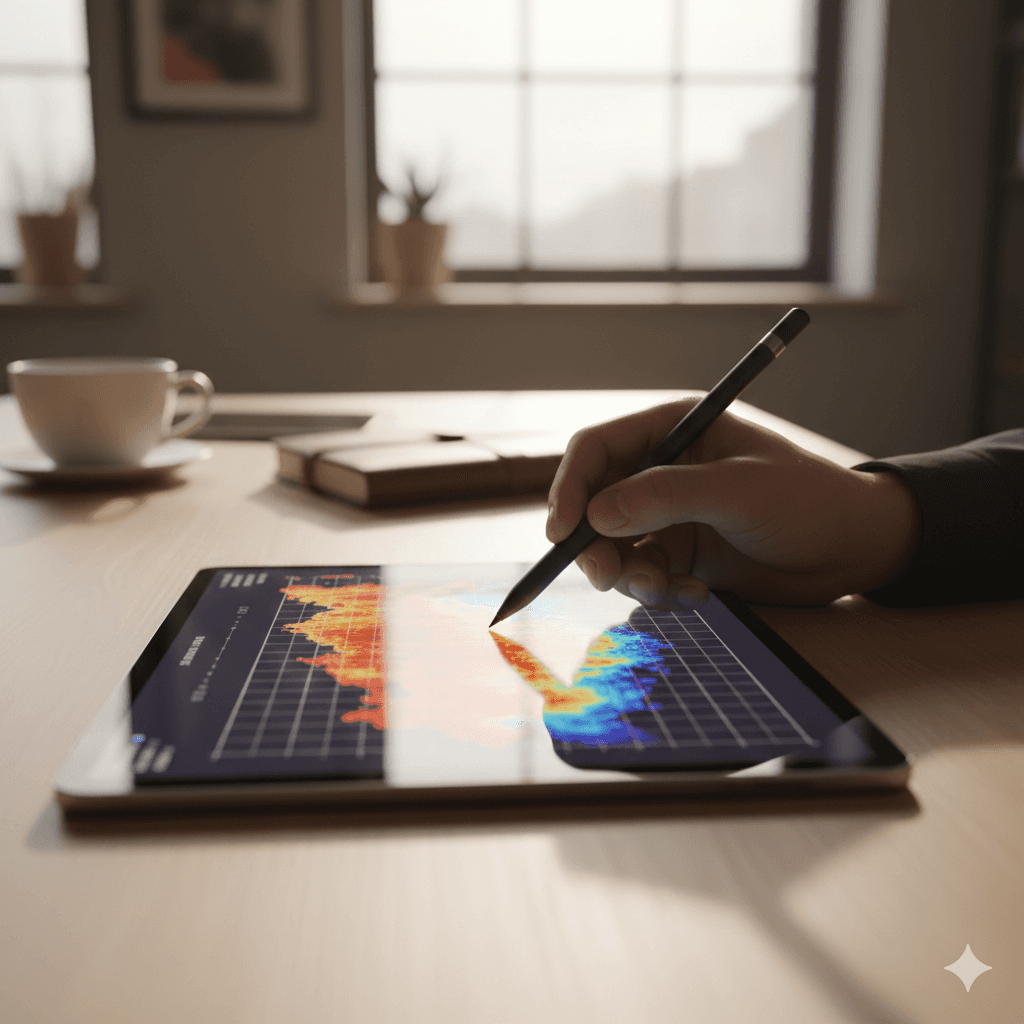 A close-up of a high-end designer’s hand using a sleek tablet, with a blurred heatmap or analytics chart visible on the screen. Warm, natural lighting, a "behind-the-scenes" professional feel.