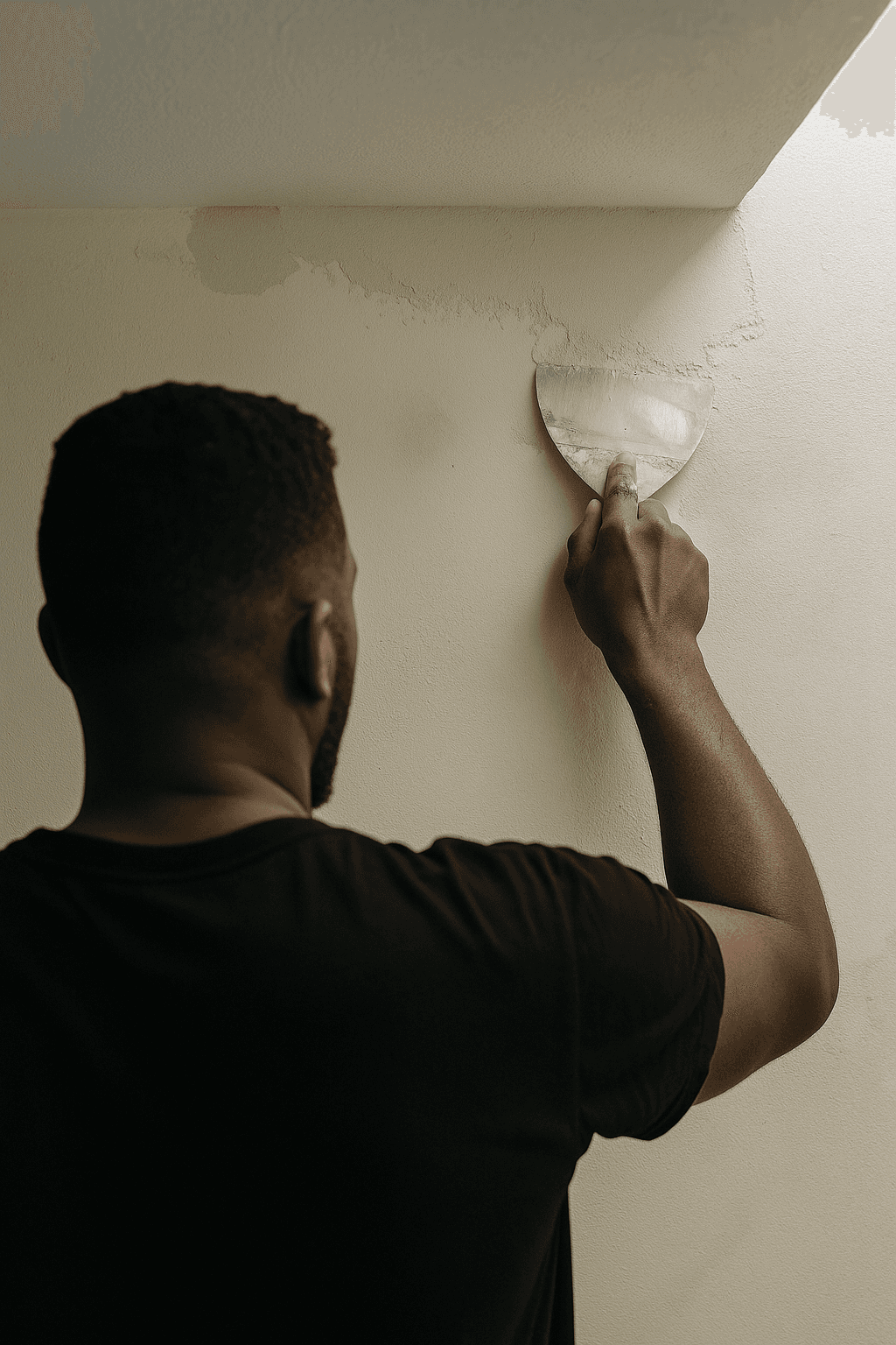 Une personne vêtue d'un linge noire applique de la peinture  sur un mur beige à l'aide d'un couteau à mastic.