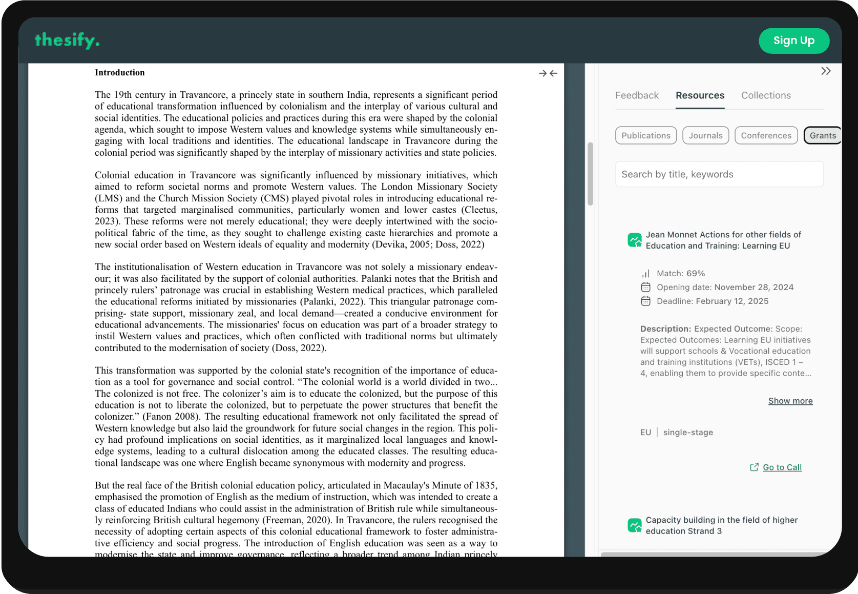 screenshot of the app showing grants suggestions with dates, and matching score 