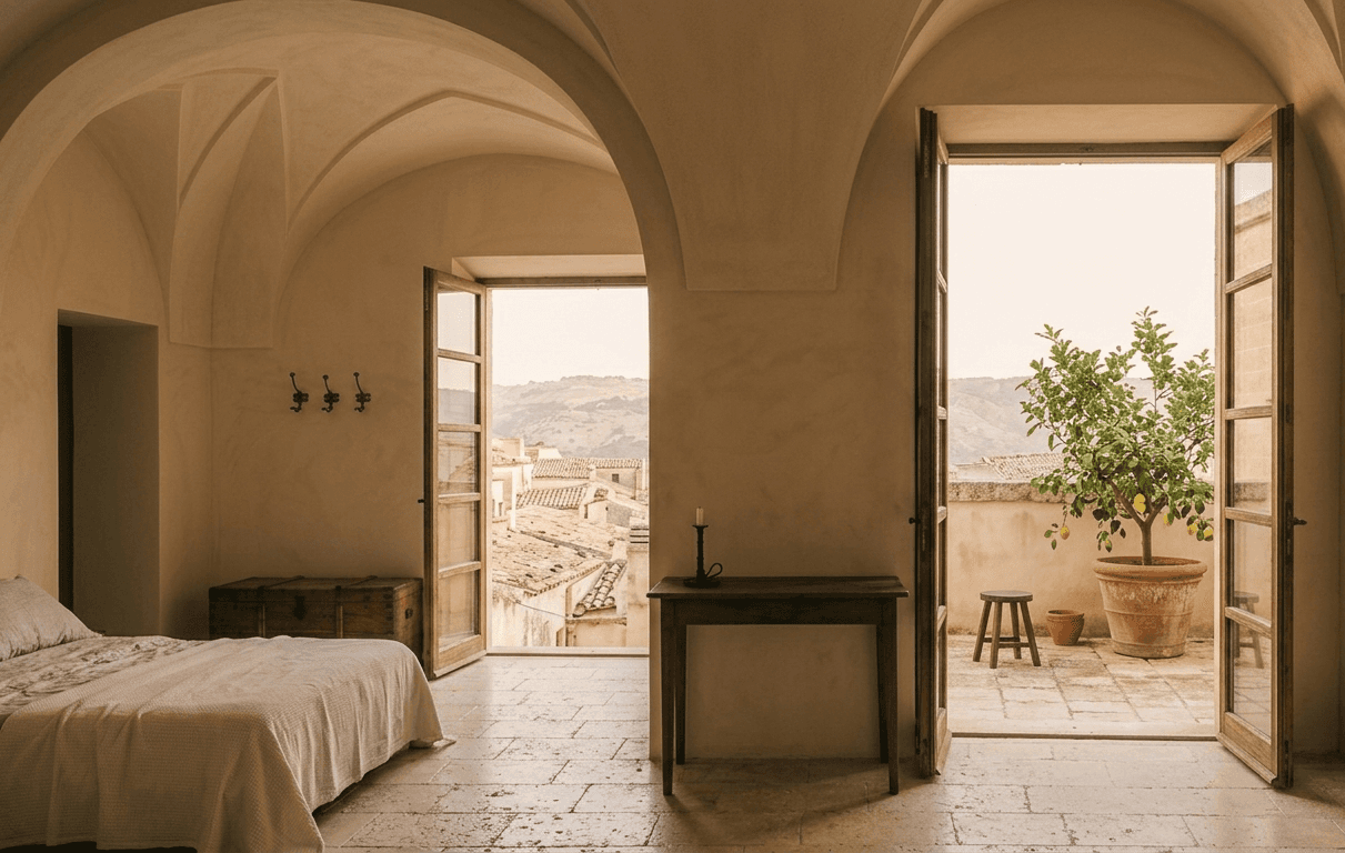Il Belvedere: a corner room with two sets of doors onto a private roof terrace above the tiled rooftops