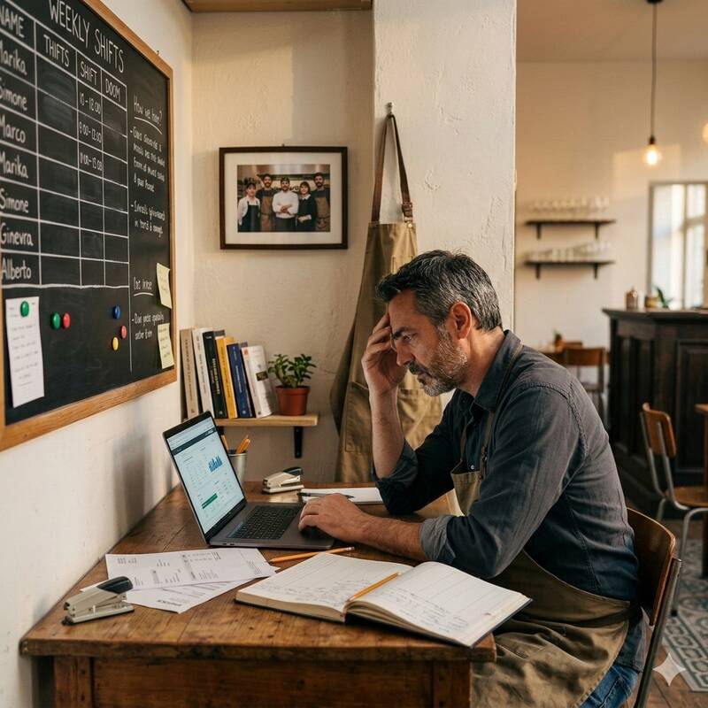 Alberto nell'angolo gestionale del bistrot, tra turni e documenti