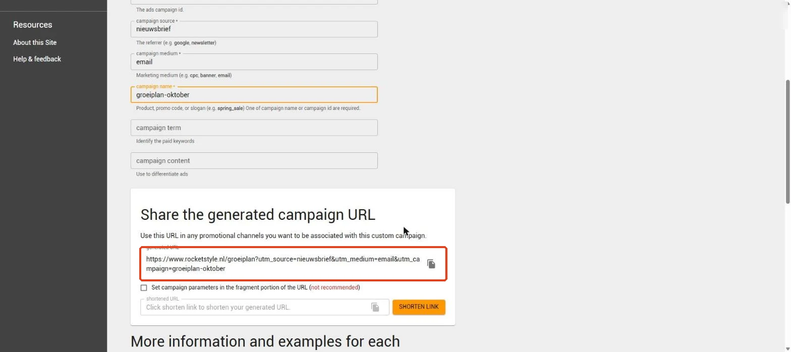 Campaign URL Builder: de gegenereerde link met UTM-tags