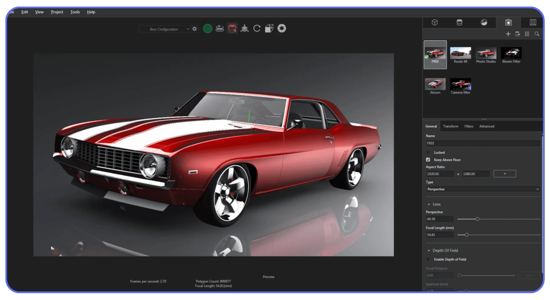 Photorealistic SolidWorks Visualize render of a red classic muscle car with white racing stripes in studio lighting.