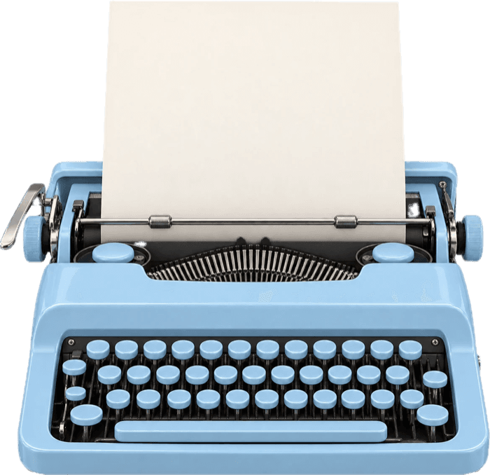 Blue typewriter with a sheet of paper