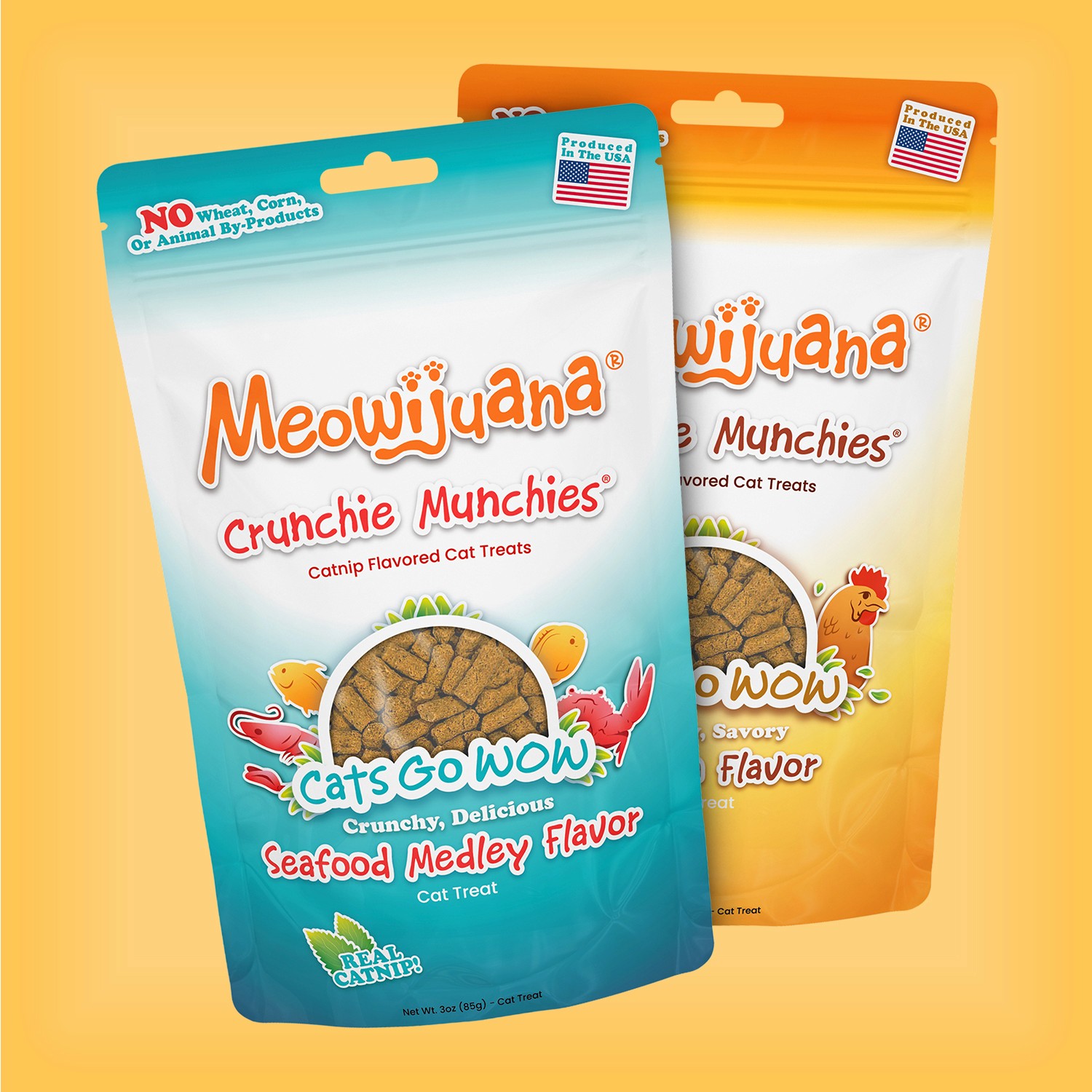 two brightly colored pouches of Meowijuana cat treats atop a yellow background