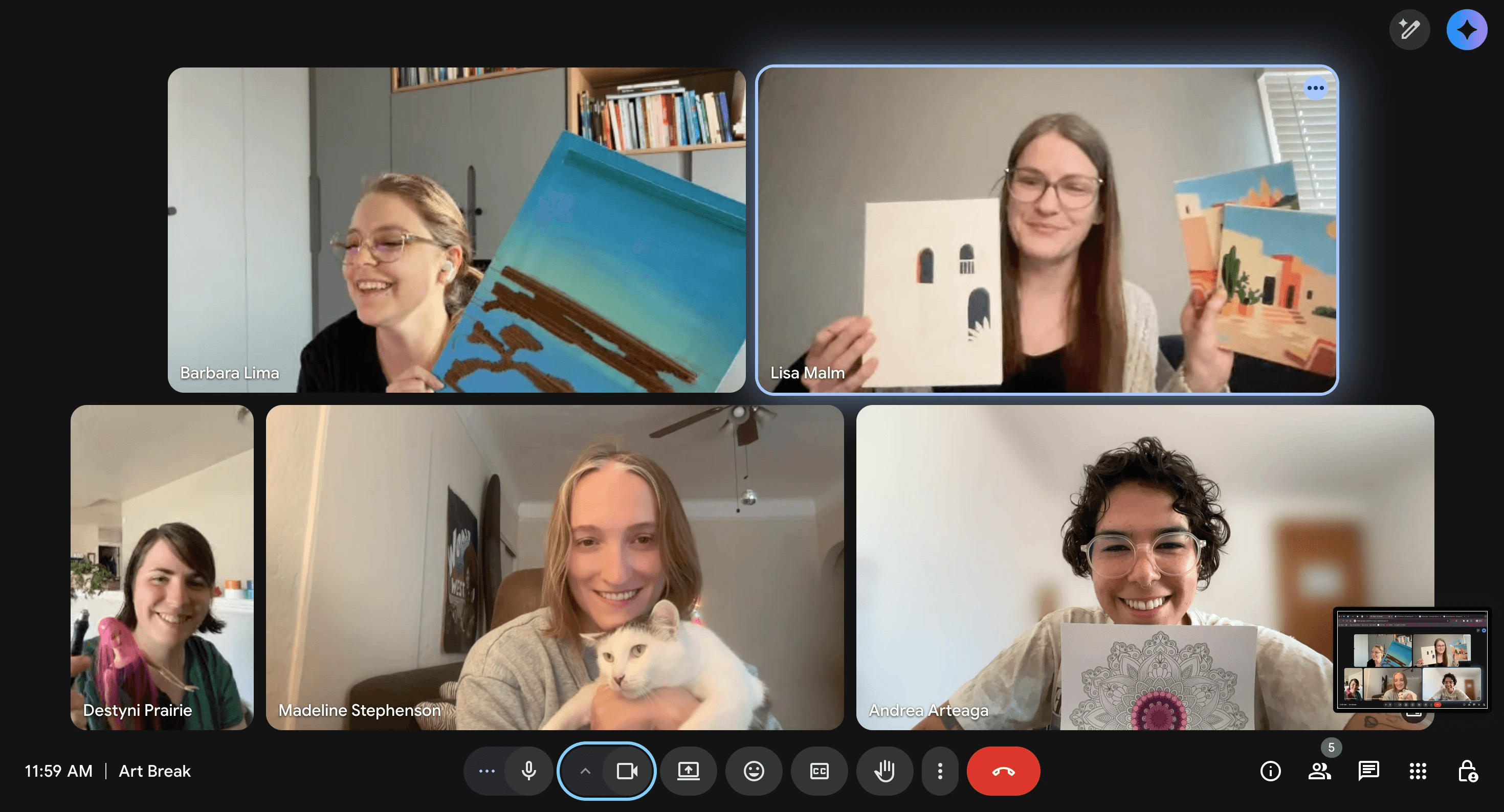  Five Honest Digital employees in a video chat during a monthly Art Club meetup showing off various personal art projects.