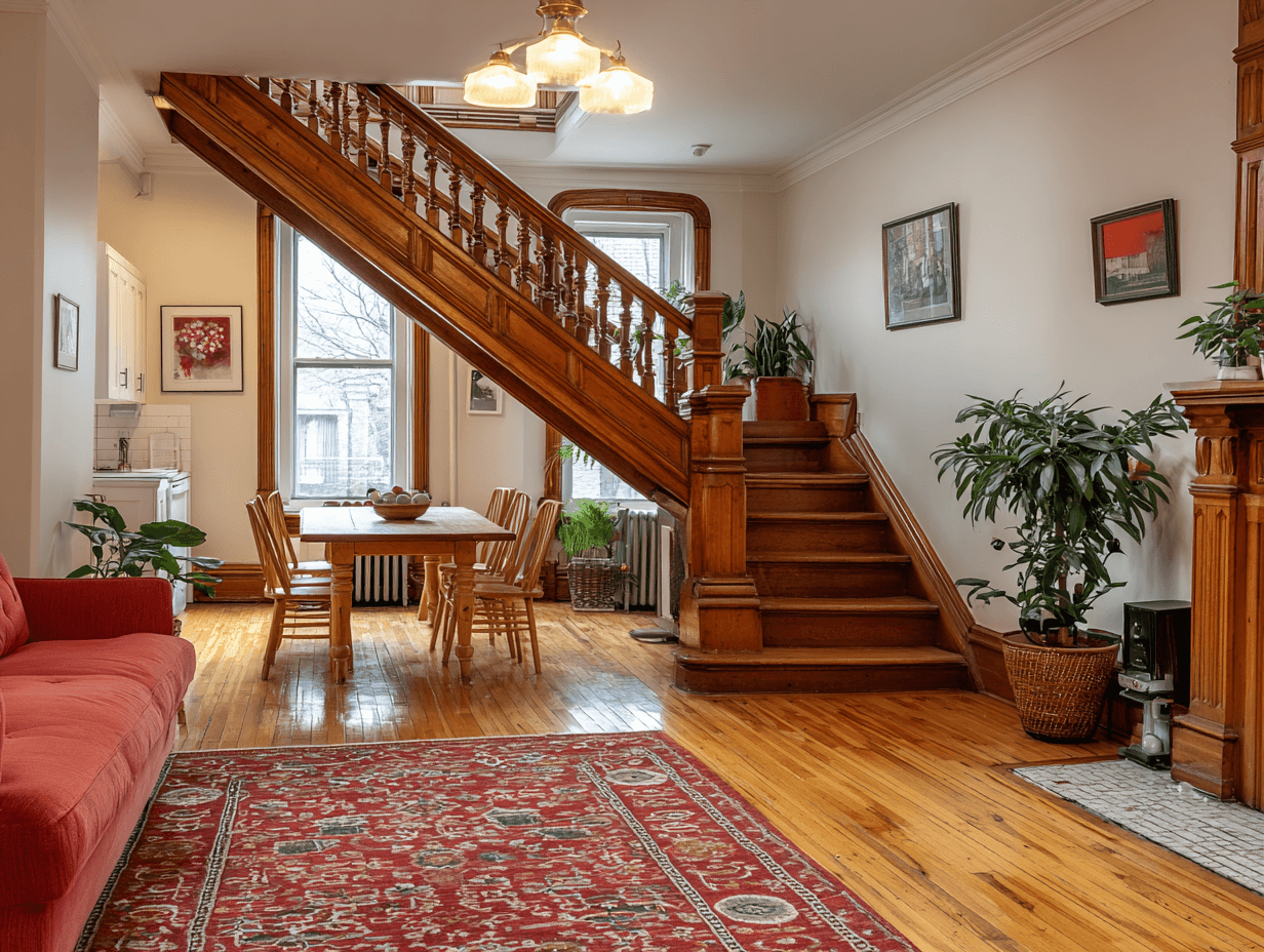 Warm residential entryway with wooden staircase, plants, and traditional decor.