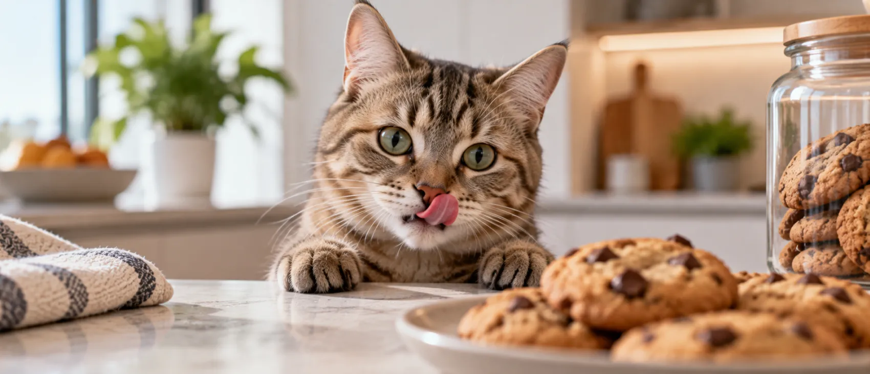 A tabby cat licking its lips beside a plate of chocolate chip cookies.