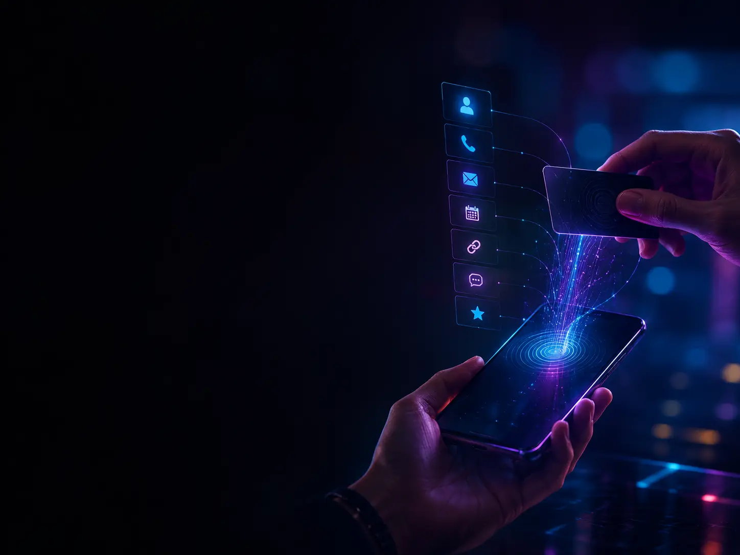 NFC business card connecting instantly to a smartphone with digital contact and business information.