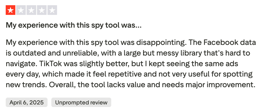 Negative review saying the spy tool has outdated data and limited value