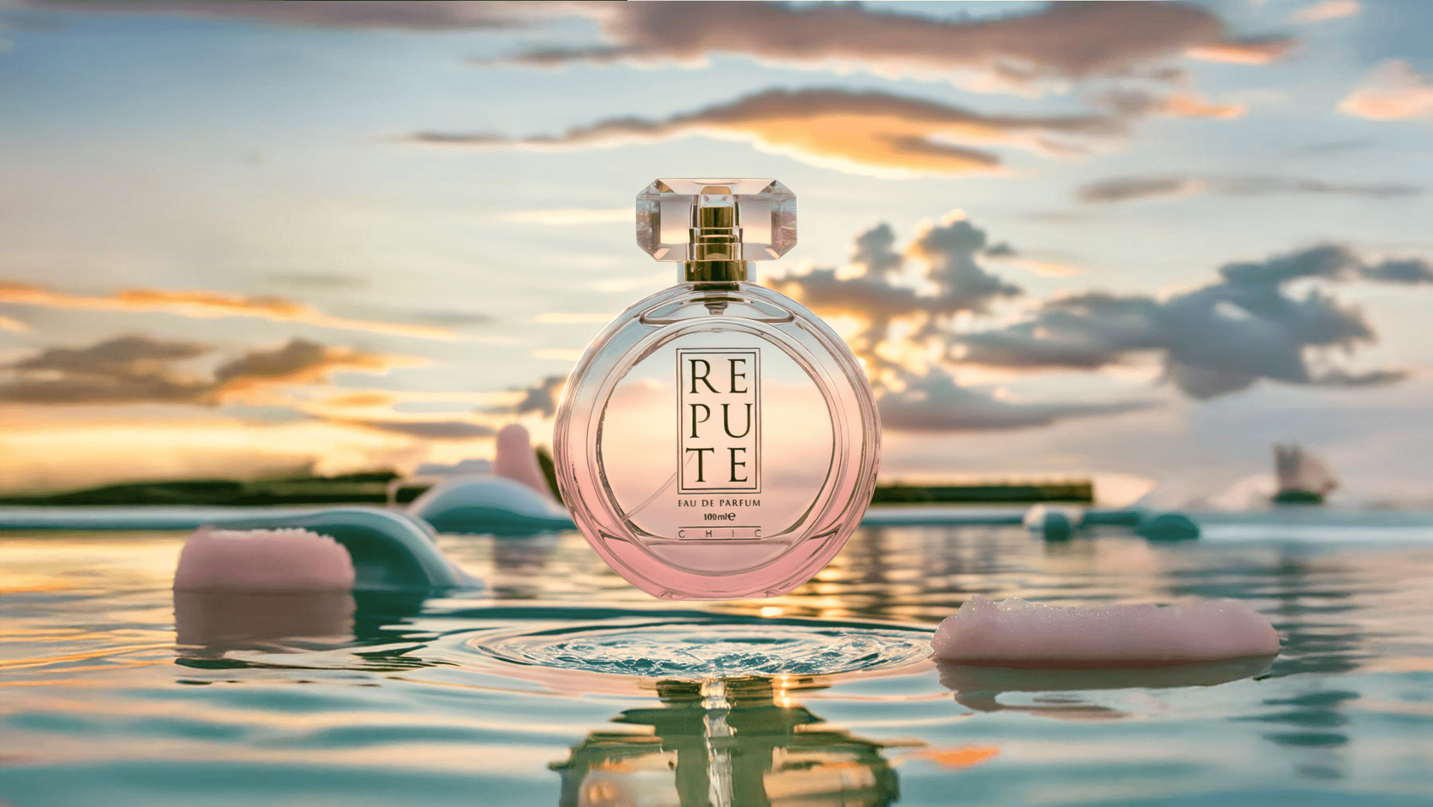 A perfume bottle floating on the lake in beautiful sunset