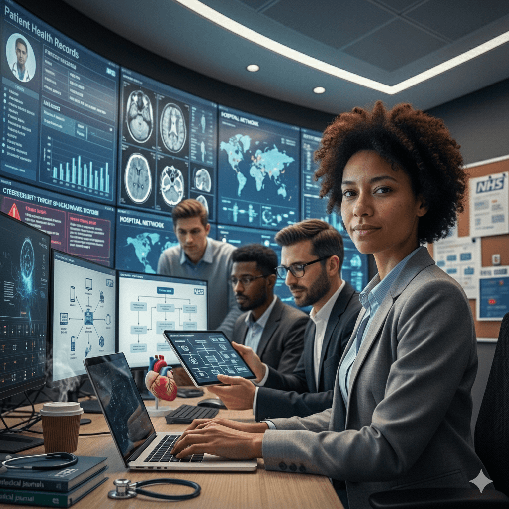 Four professionals in an office setting are engaged with numerous digital screens displaying medical data and cybersecurity interfaces, highlighting the integration of cybersecurity in healthcare.