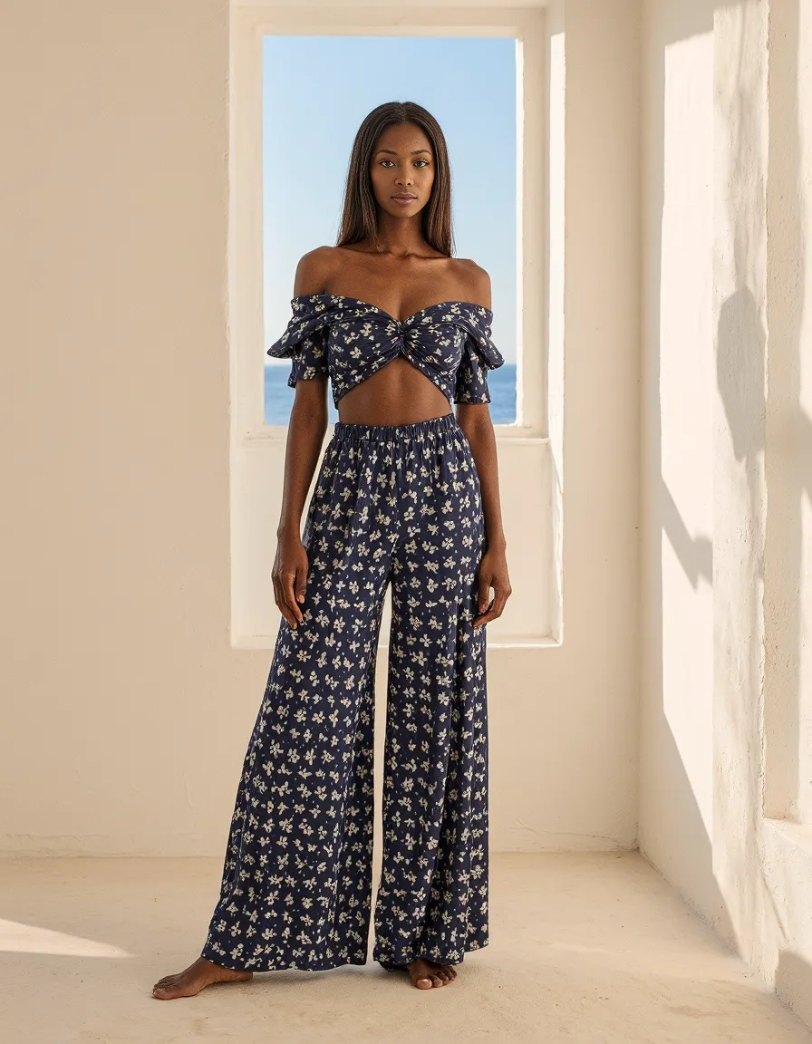 Navy floral two-piece outfit with off-shoulder top and wide-leg pants photographed in a bright white Mediterranean doorway with blue sky