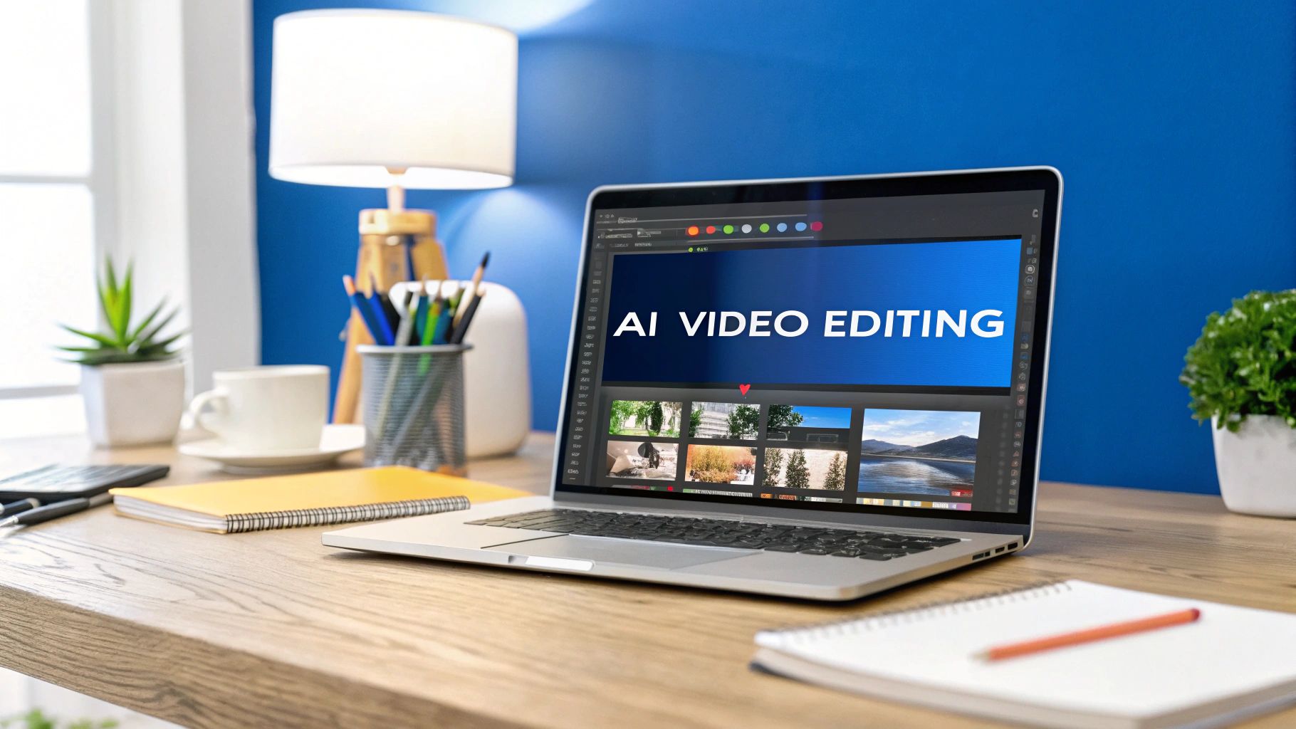 An AI robot arm editing a video on a futuristic screen, representing AI's role in video creation.