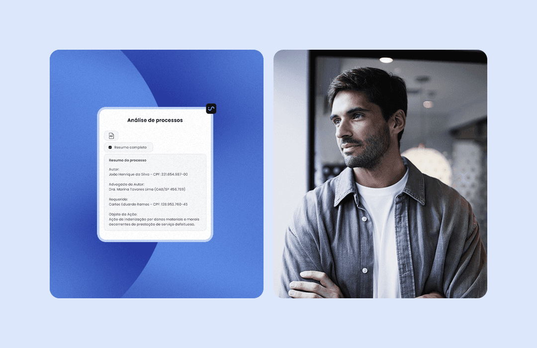 Em uma composição dividida, à esquerda, uma tela digital exibe um 'Resumo de processos' sob o título 'Análise de processos', com informações de Autor, Advogado do Autor, Requerido e Objeto da Ação. À direita, Henrique Ferreira, um homem jovem de barba e camisa casual de manga comprida, com olhar pensativo, está em um ambiente de escritório