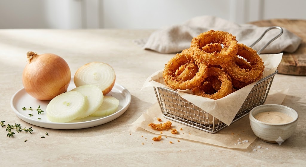 A side-by-side comparison of a basket of crispy, golden-brown fried onion rings with a white plate holding a whole onion and raw onion slices, featuring a small bowl of dipping sauce and sprigs of thyme on a beige stone surface.