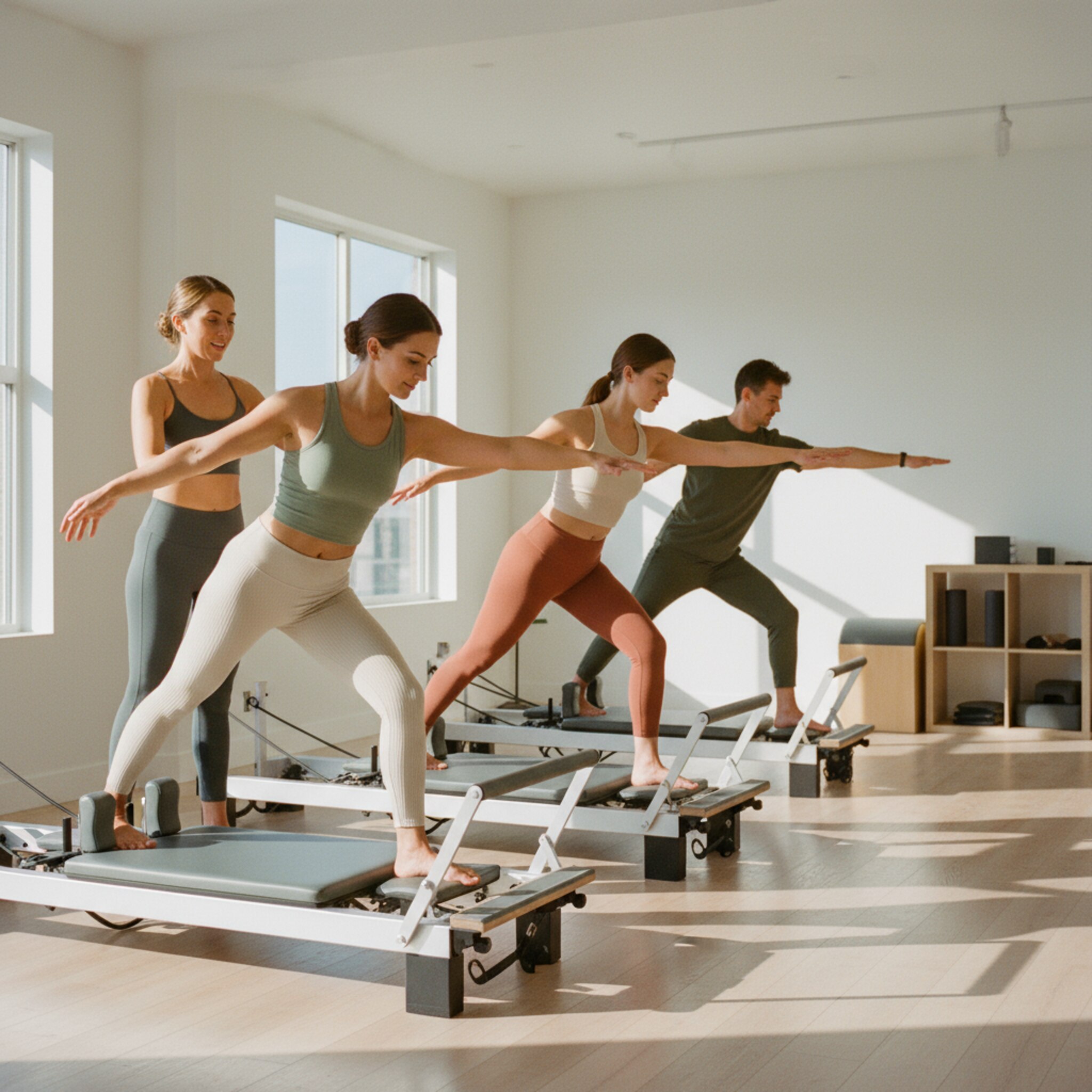 Eine kleine Gruppe bewegt sich synchron auf Reformern, die Füße fest auf der Fußstange. Der Raum ist hell, minimalistisch und aufgeräumt. Die Lehrerin gibt präzise Hinweise und korrigiert behutsam eine Schulterausrichtung. Man spürt Fokus, Körperkontrolle und leise Energie im Raum.