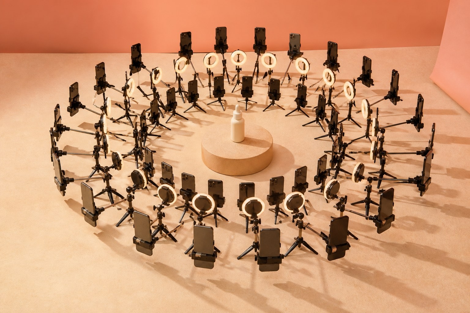 Dozens of smartphone rigs circled around a single serum bottle