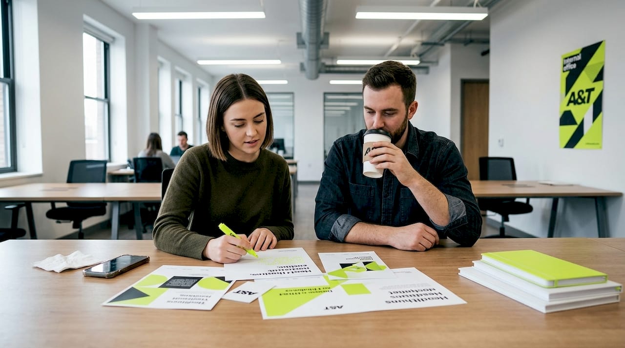 Creative team discussing ad mockups together