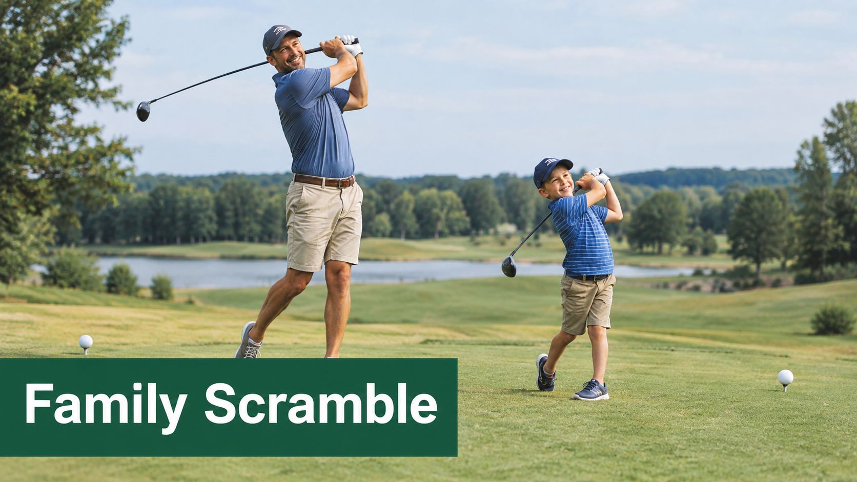 A father and his young son smiling while playing a round of golf on a sunny day.