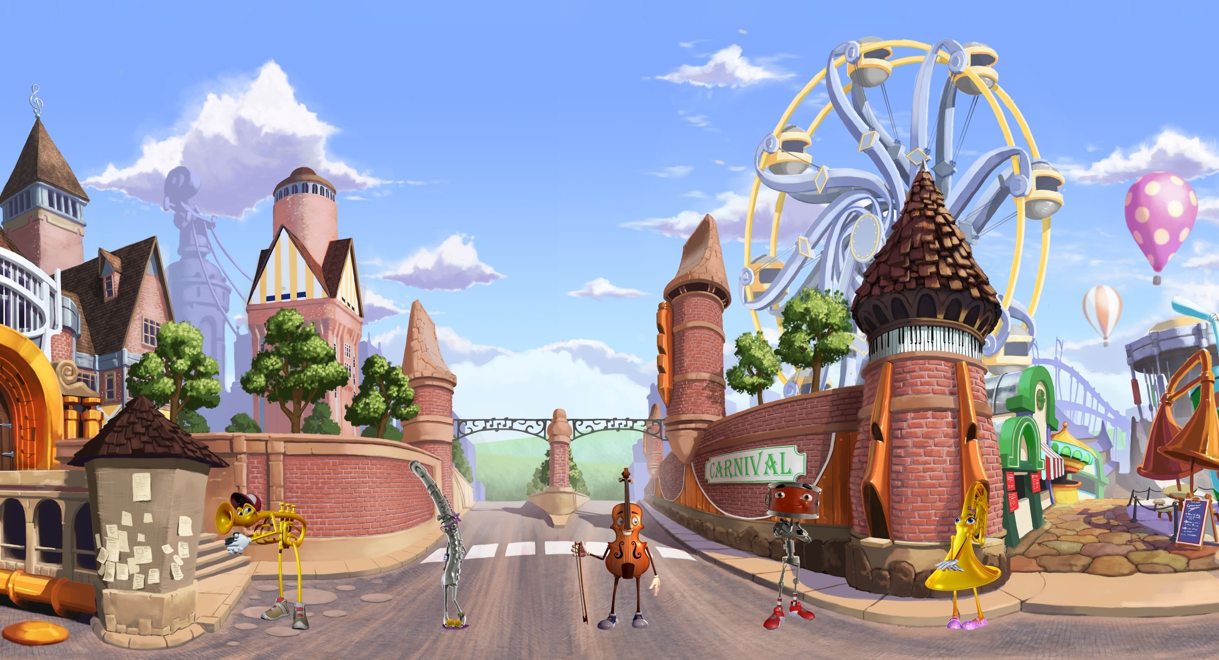 The five lead characters standing on Melody Street: Timmy Trumpet, Febe Flute, Val Violin, Sammy Snare and Heidi Horn, in front of the carnival gate and the town's towers.