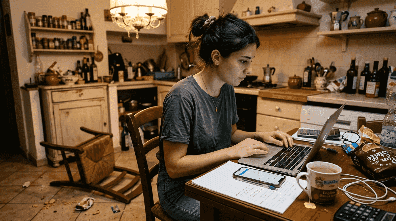 Una donna è seduta in cucina mentre consulta le piattaforme ETF dal suo laptop.