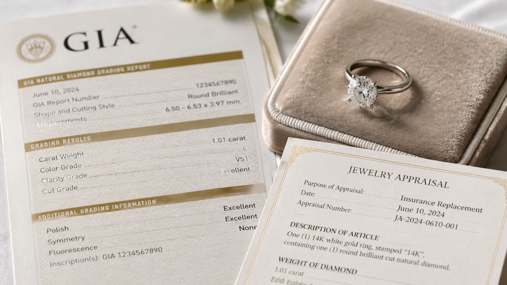 A sparkling diamond engagement ring resting on a velvet jewelry box next to official GIA diamond grading reports.