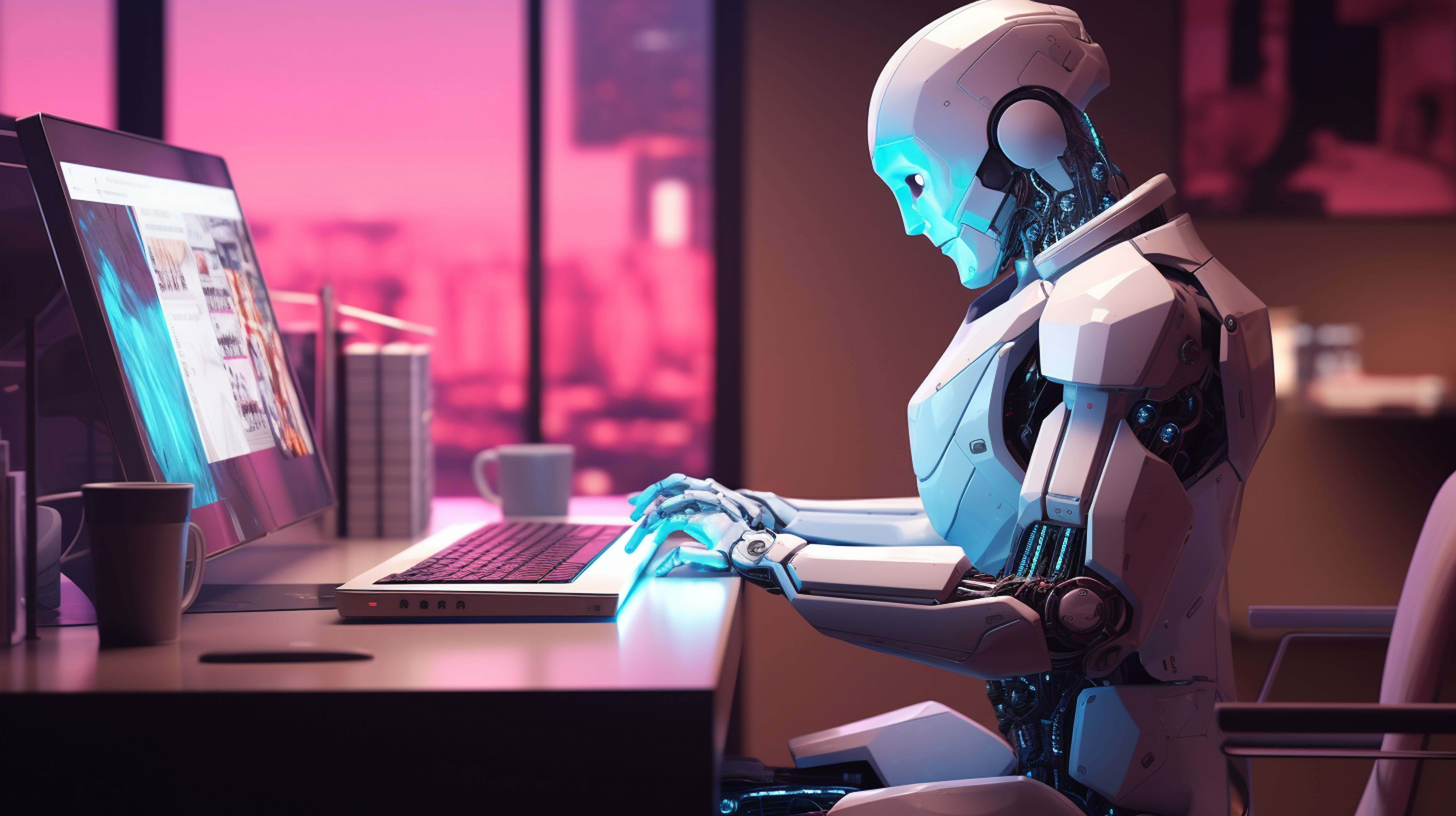Futuristic white robot sitting at a desk and typing on a laptop, representing AI-driven automation and software development.