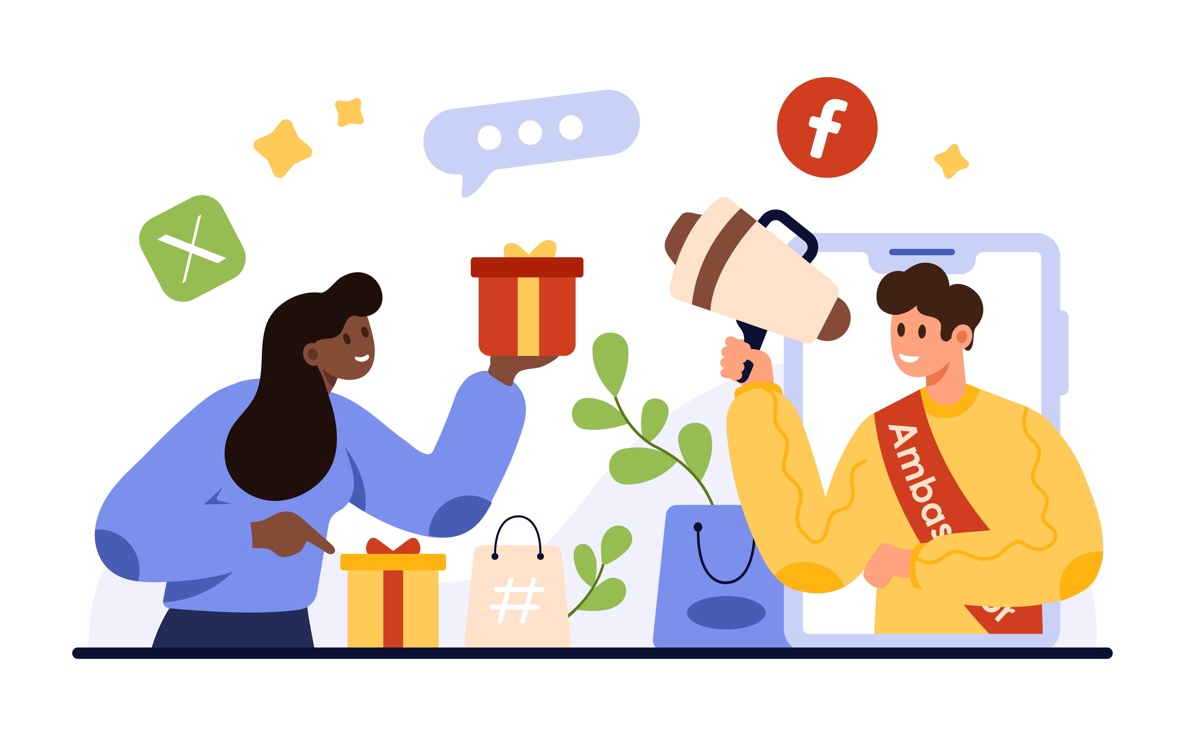 Brand ambassador on a mobile screen with megaphone exchanging gifts with a creator, representing influencer gifting campaigns