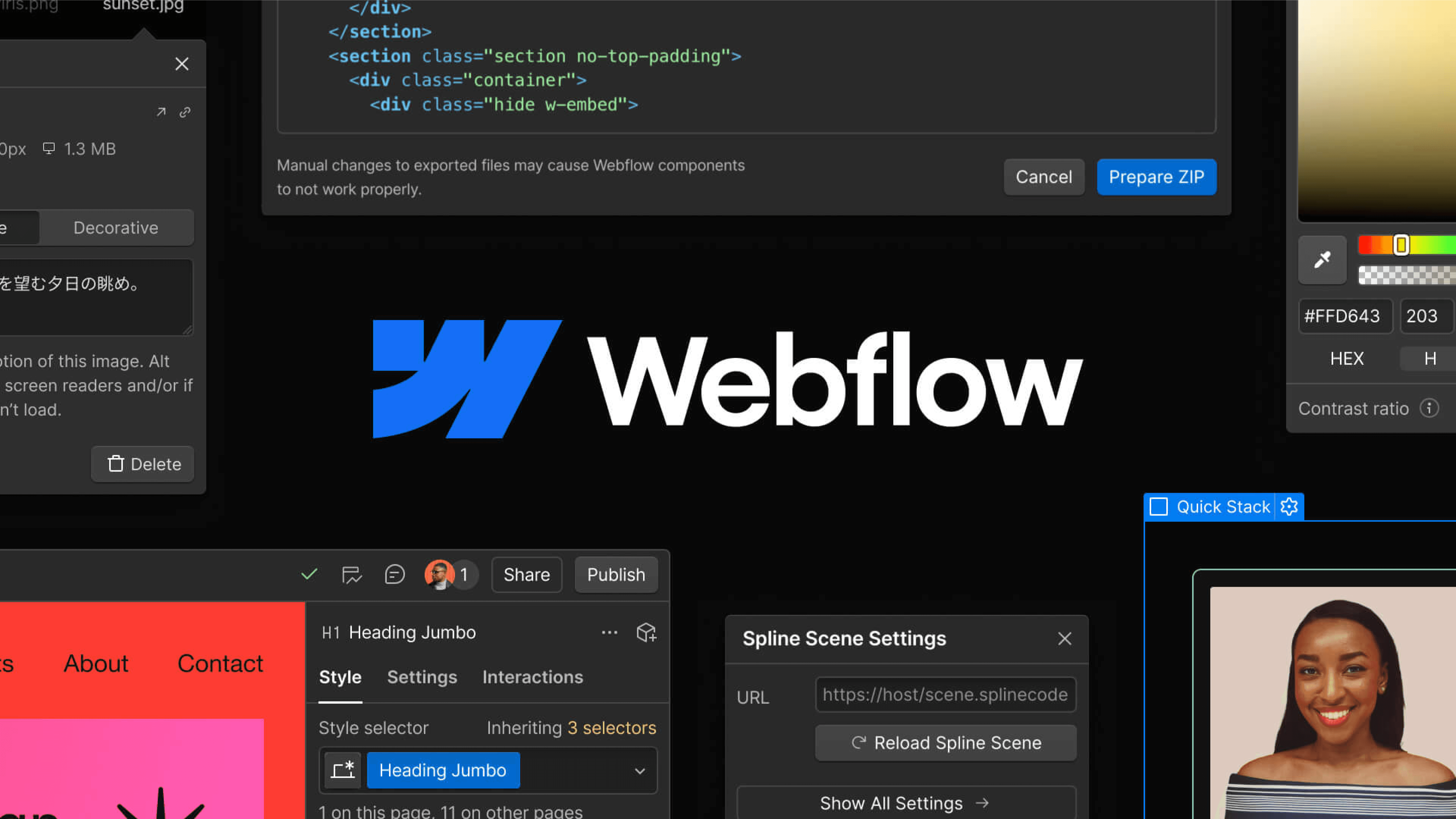 Webflow website builder interface showing visual editor, layout settings, and CMS controls