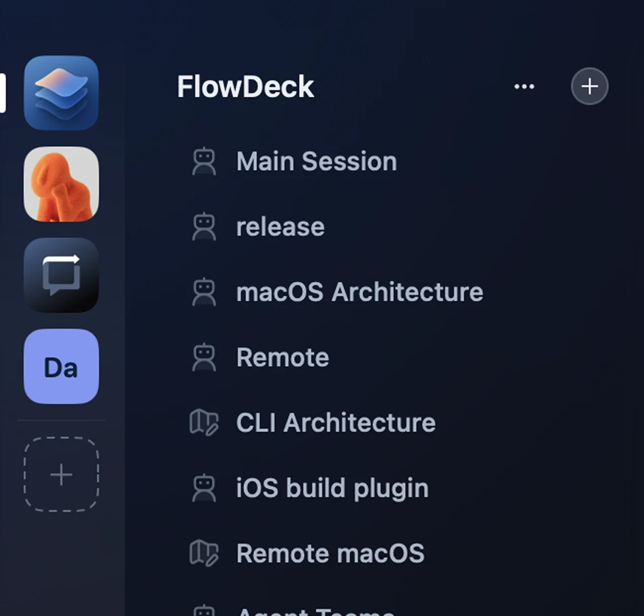 The FlowDeck sidebar showing several projects in the rail and parallel sessions named Main Session, release, macOS Architecture, Remote, CLI Architecture and iOS build plugin