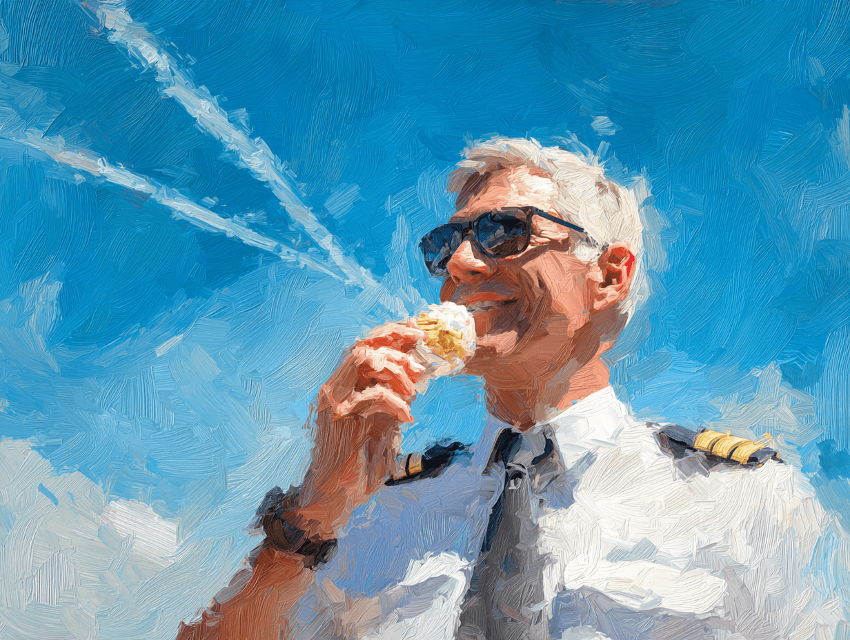 An impressionist painting shows a solitary traveler standing in an airport terminal, looking up at a large departures board. Light from the windows reflects on the polished floor, while an airplane waits outside, creating a mood of anticipation, solitude, and quiet reflection.