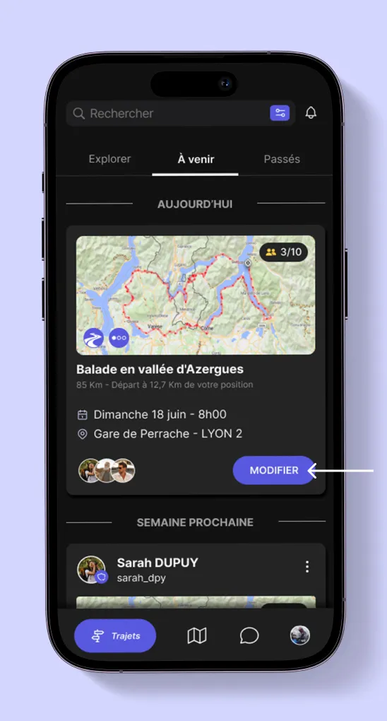 Carte d’un trajet On Wheels avec bouton modifier pour éditer la balade
