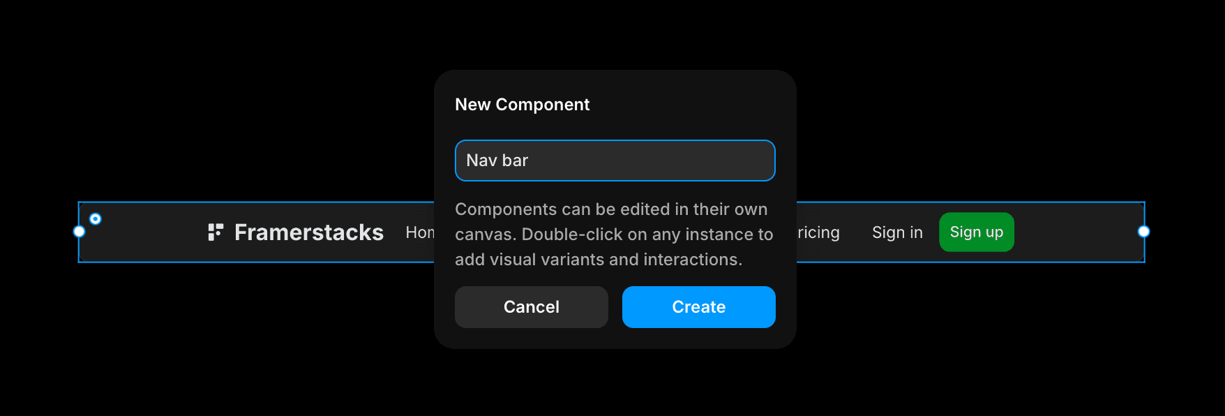 framer dialogue box while creating a new component.