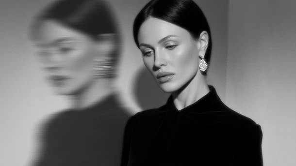 Black-and-white portrait of a woman in a dark outfit with ornate earrings, blurred reflection in the background.
