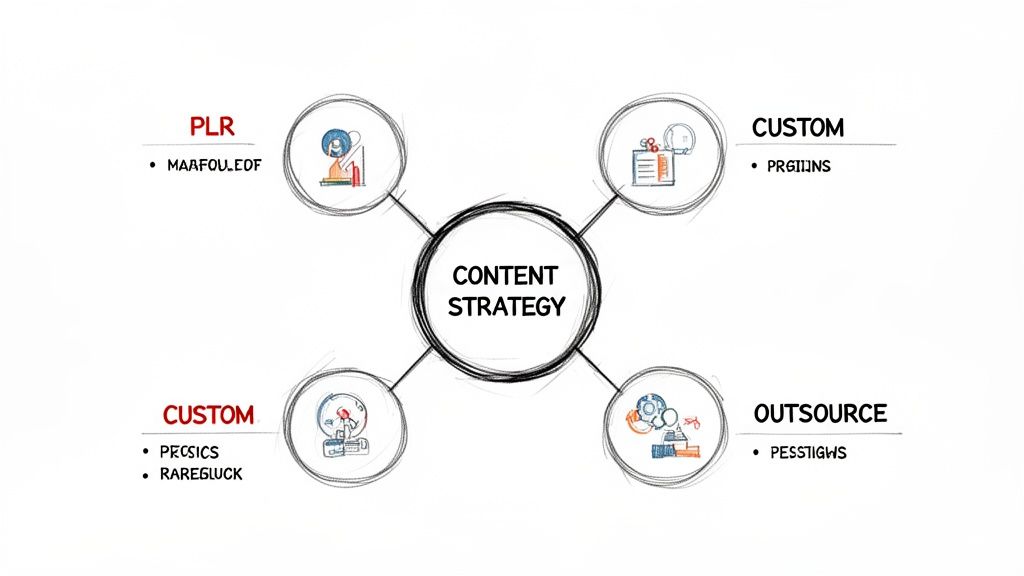 Hand-drawn content strategy mind map showing PLR, custom, and outsource content options.