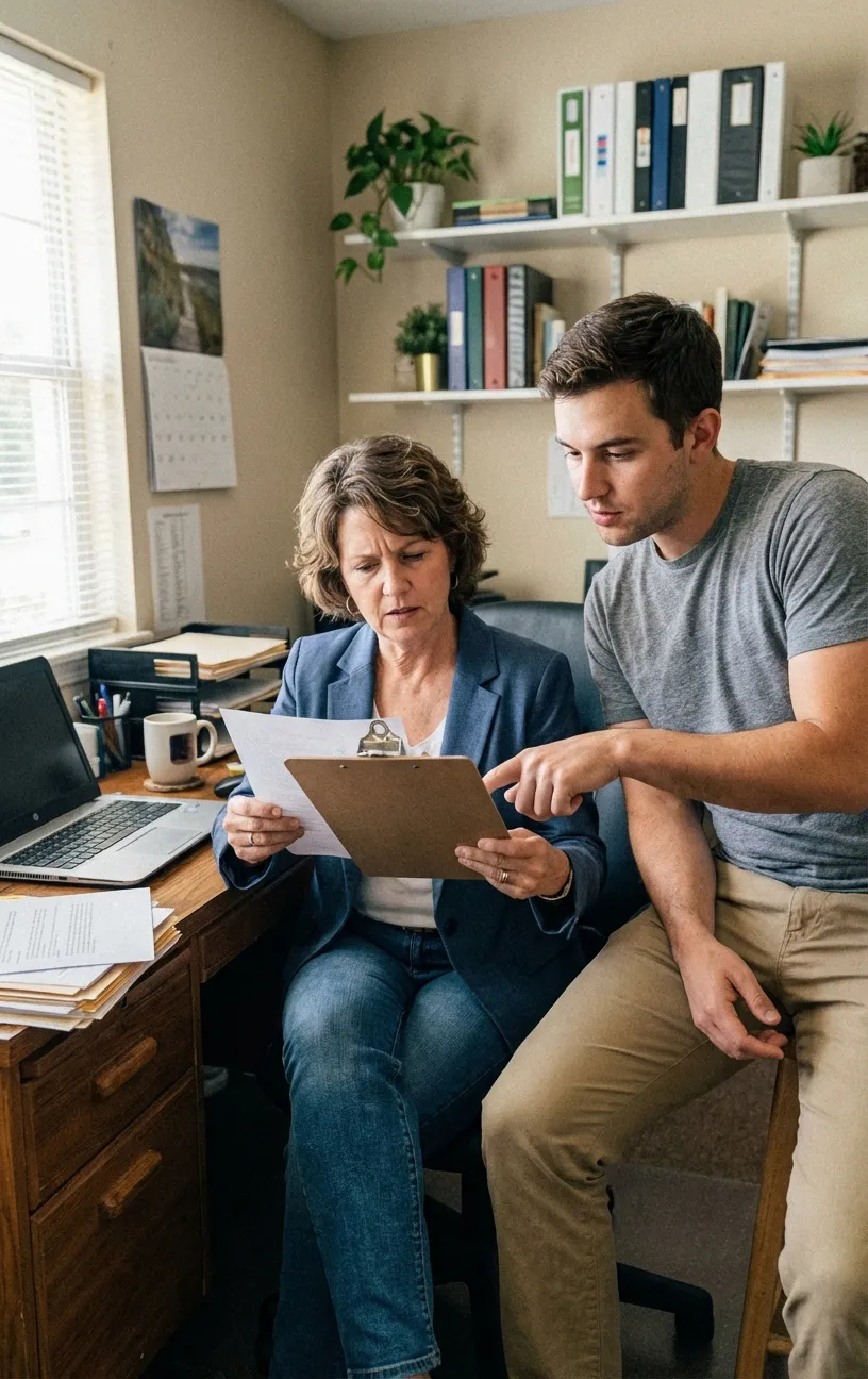 Two people reviewing documents in a Digital Marketing Agency office. RockN' Socials.