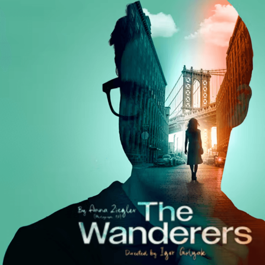 Silhouette of a person with a cityscape and bridge, promoting "The Wanderers" play.