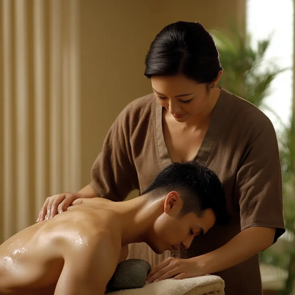 Professional masseuse performing a hot stone massage on a relaxed client in a tranquil spa setting, surrounded by soft lighting and natural decor.