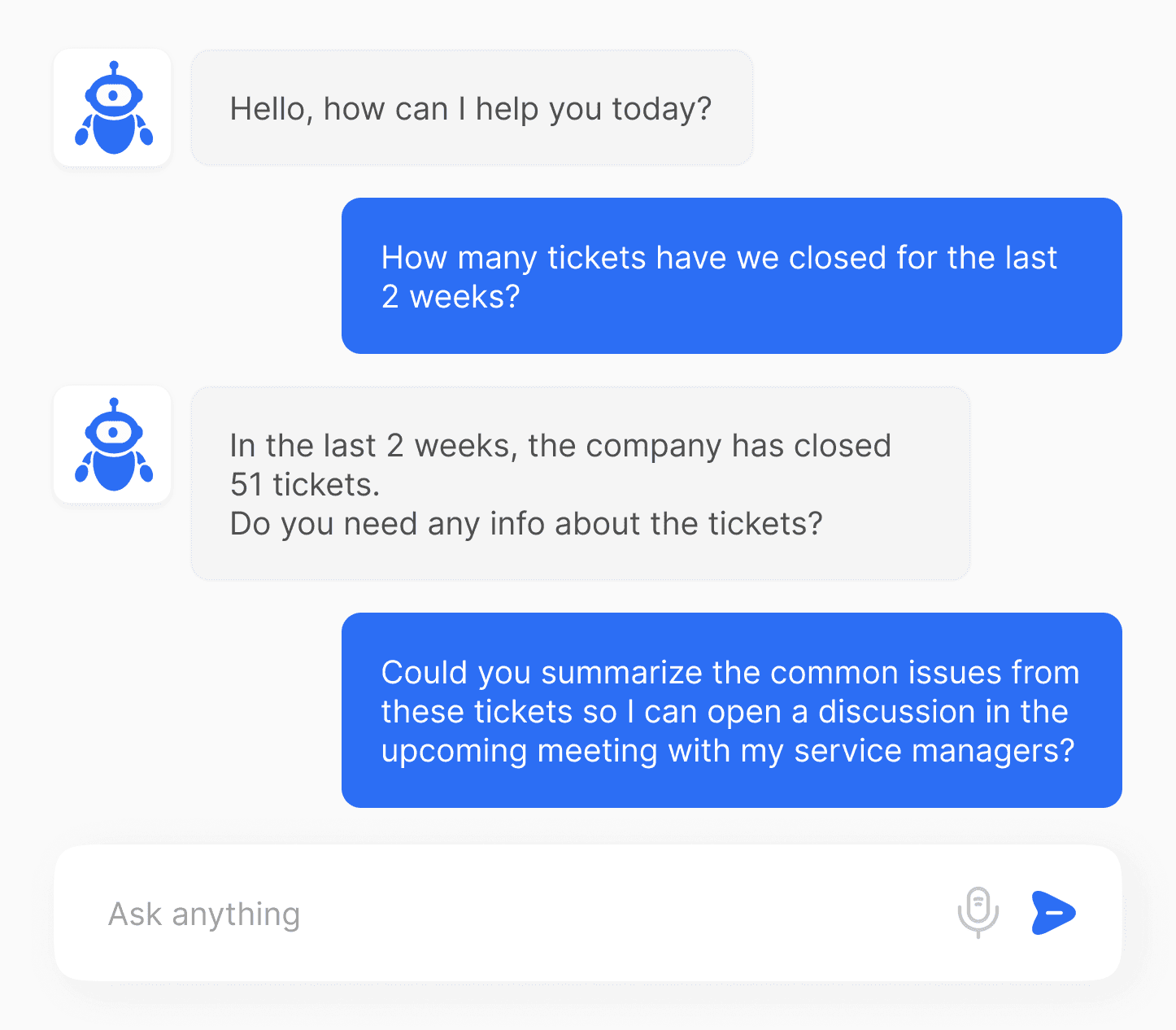 Chat interface answering questions about recently closed support tickets.