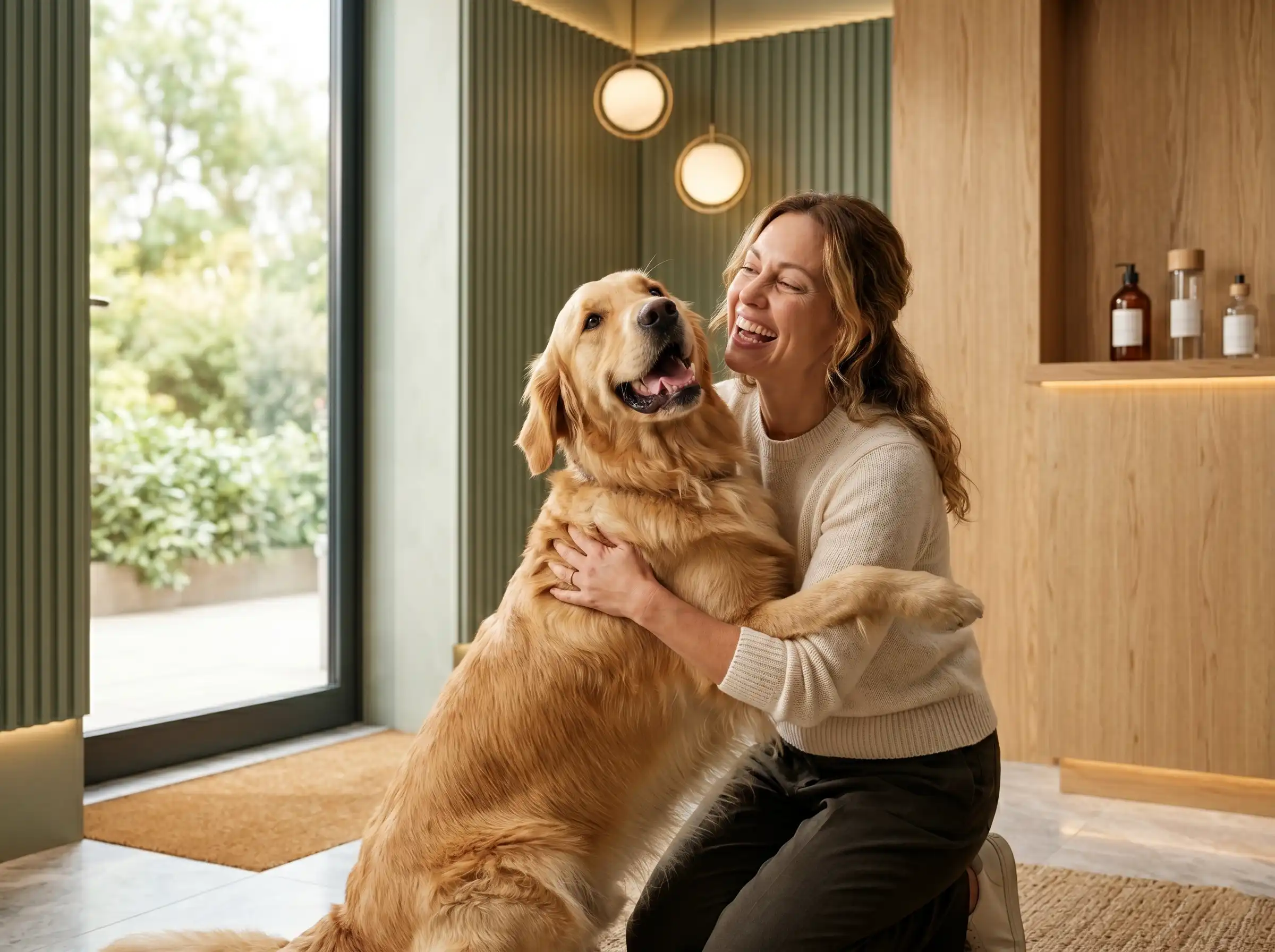 A happy pet reunited with its owner after grooming, looking clean and well-groomed.