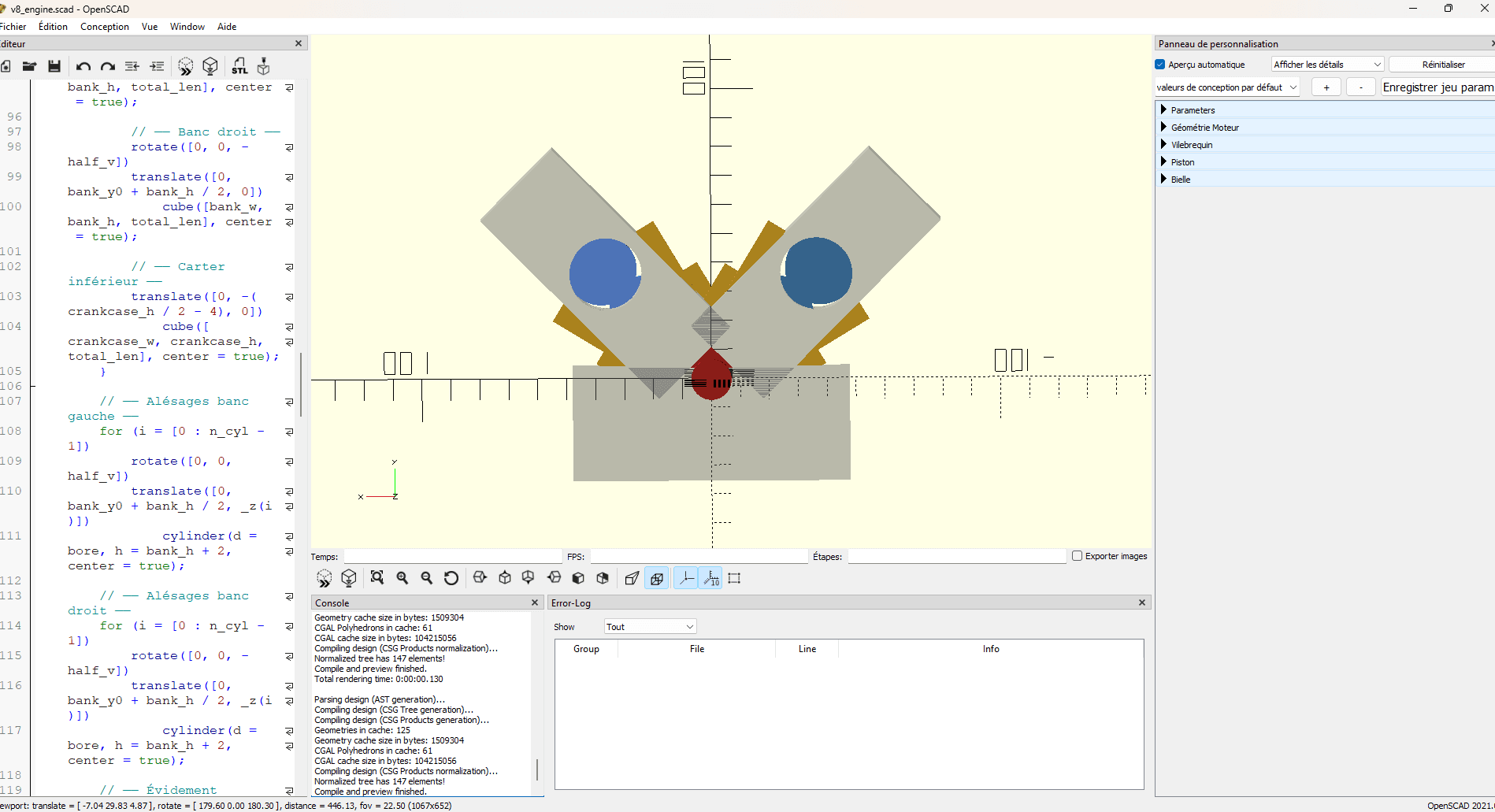 OpenSCAD workspace showing a 3D cross-sectional view of a parametric V-engine block assembly alongside code modules for bank rotations and cylinder boring.