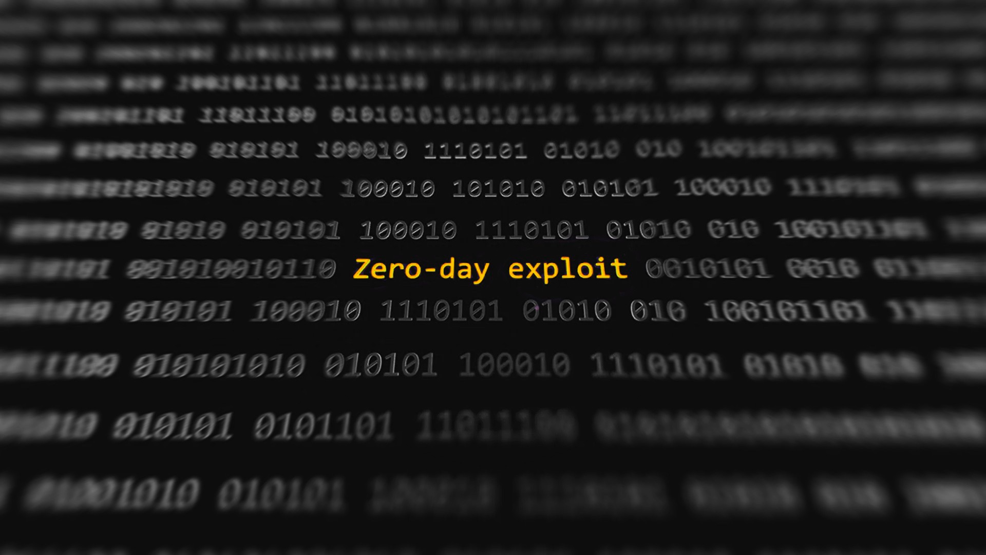 Black and white panel with binary groups of zero and one. In the middle written with orange "zero day exploit"