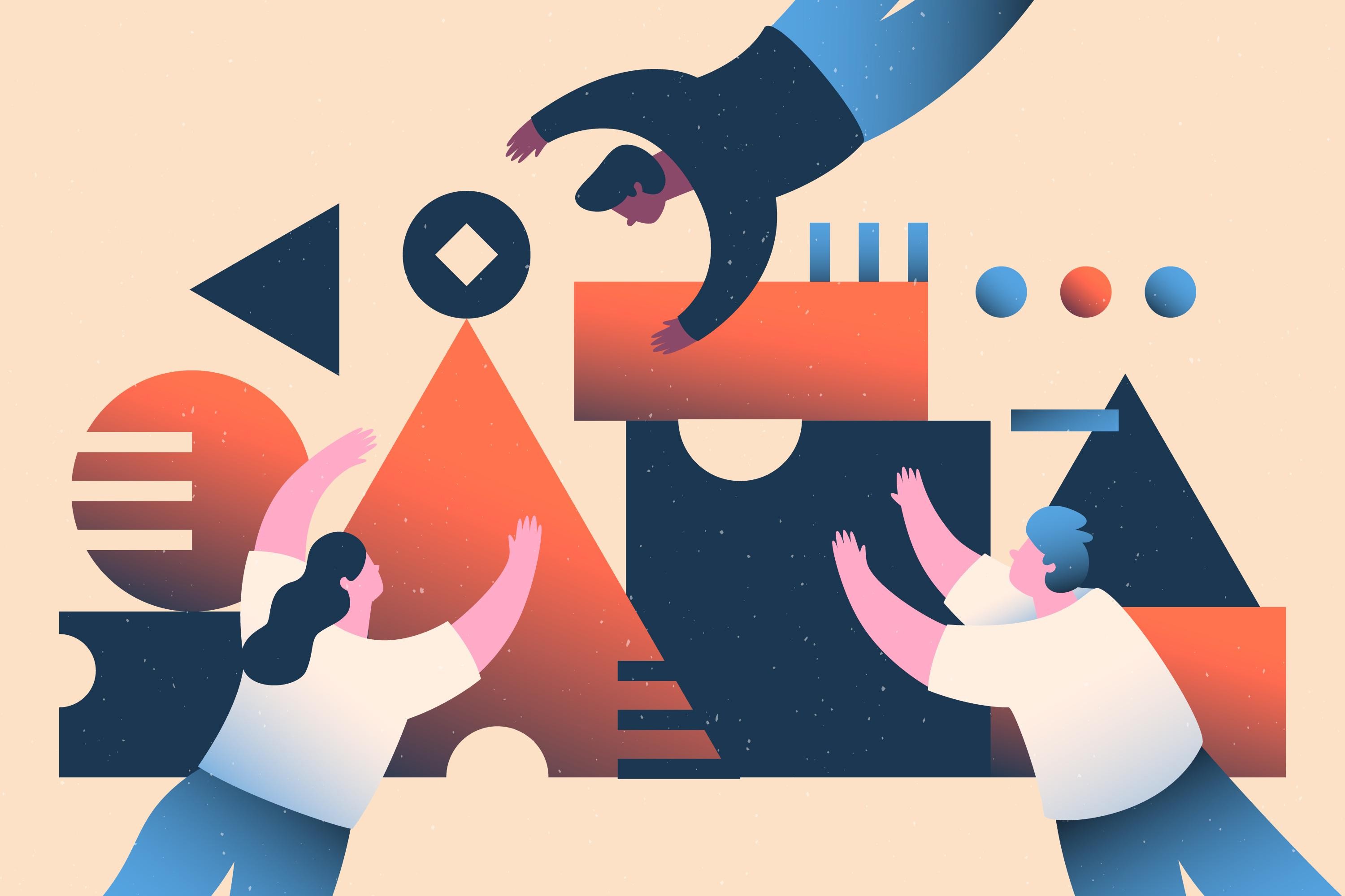 What is a B2B demand generation campaign — illustration of six marketers coordinating campaign elements across a connected motion.