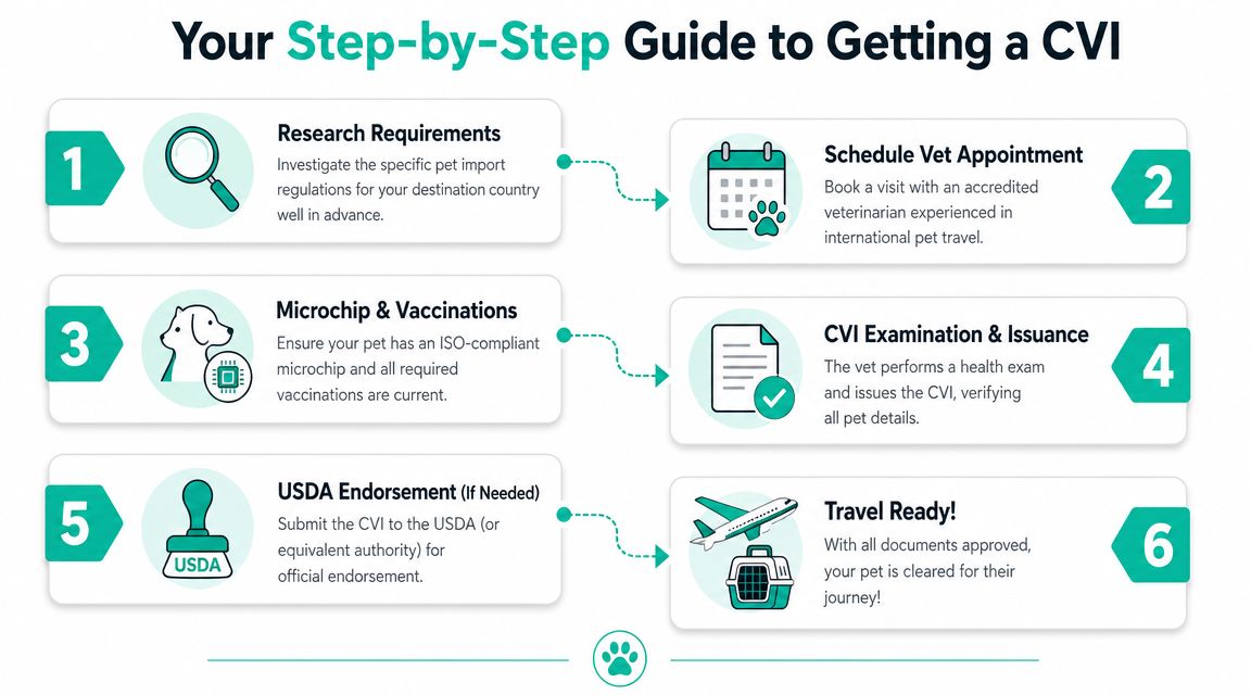 A six-step visual guide outlining the process for obtaining a Certificate of Veterinary Inspection for pet travel.