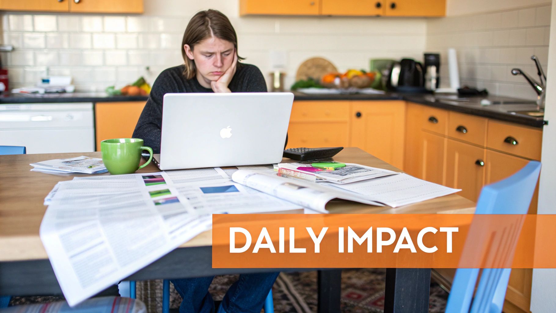 A tired person works on a laptop at a kitchen table surrounded by papers and a coffee mug.